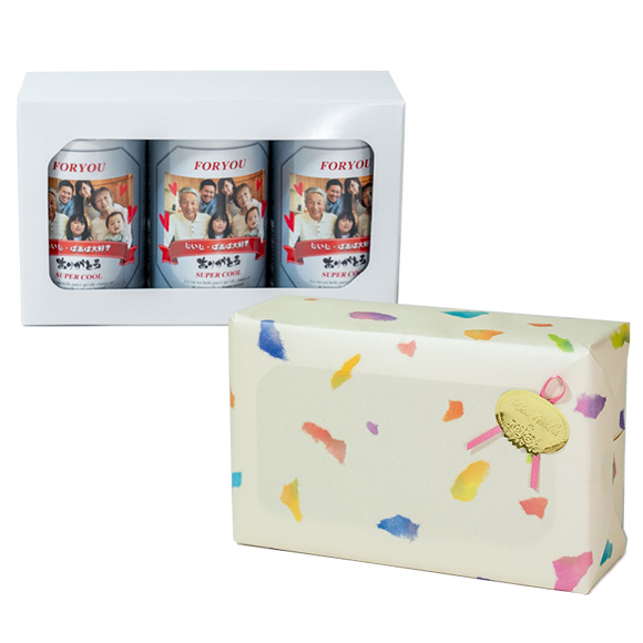 高級感あふれる紙製の化粧箱に入れて包装紙でラッピングするお得なスナップ缶ビール3本用ギフトラッピング