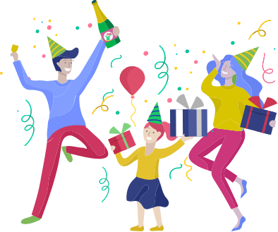 noveltydrinkの商品とともに喜ぶ家族のイラスト